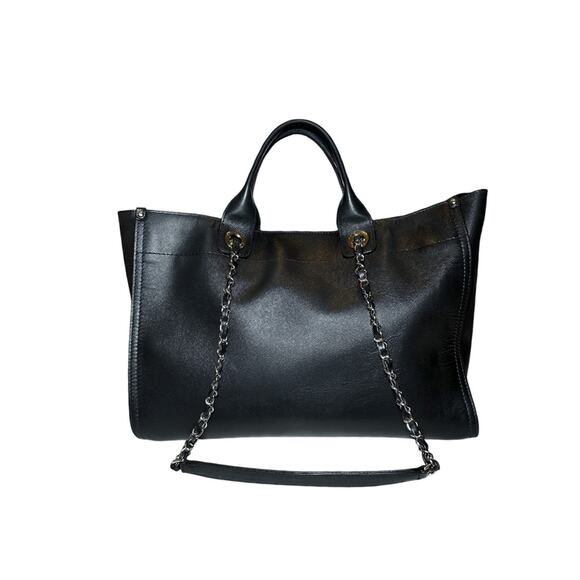 CHANEL Deauville Black Caviar Leather Studded Logo Large Shopping Tote Bag SHW - Picture 4 of 15